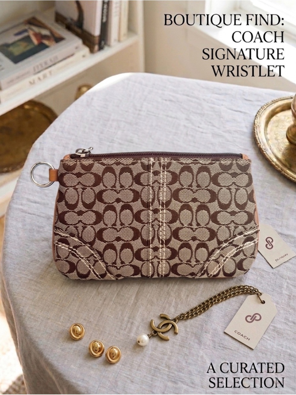 COACH Brown and Cream Signature Patterned Small Coin/Card Pouch